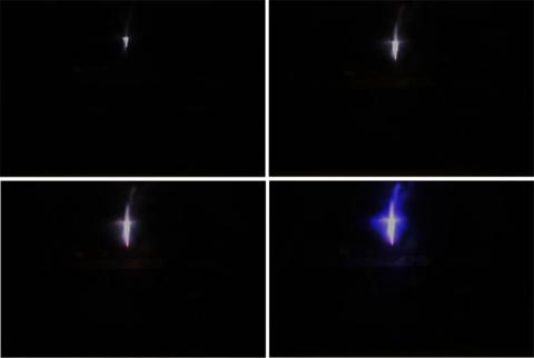 Figure 18 Plasma Jets (a) 25W 5L/min Ar; (b) 100W 5L/min Ar; (c) 200W 5L/min Ar; (d) 200W 5L/min Ar + 0.5L/min CF4